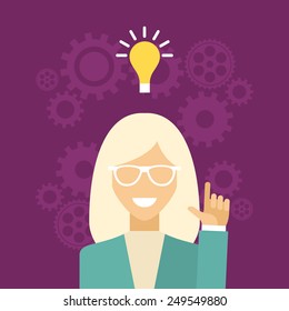 Flat vector illustration. Blonde girl pointing up. Creative idea concept
