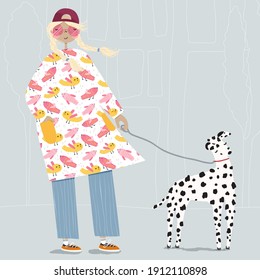 Flat vector illustration of a blonde woman walking with a cute dalmatian dog outdoors on the city street. Poster of a young lady with her adorable puppy. Pretty female walking the pet.