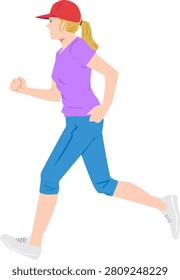 Flat vector illustration of a blonde woman in a red cap and purple shirt jogging