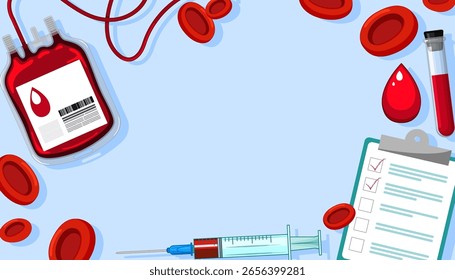 Flat vector illustration of blood bag, syringe, test tube, checklist, and red blood cells on a light blue background with copy space