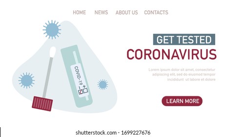 Flat vector illustration of  blood test with text coronavirus isolated on blue background. Template for website, landing page, banner 