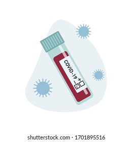 Flat vector illustration of  blood test with test tube and virus isolated on blue background. Template for website, landing page, banner, card