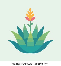 Flat vector illustration of a blooming bromeliad plant with green leaves and a yellow flower