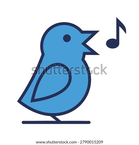 A flat vector illustration of a blue bird singing, depicted with a musical note symbol in a minimalist line art style.