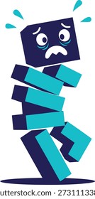 Flat vector illustration of a blue block-style character crumbling and falling apart, symbolizing stress, anxiety, and mental exhaustion. Ideal for mental health apps, workplace wellness campaigns, educational content, and social media awareness posts. Clean, expressive, and minimalist design perfect for stickers, digital resources, and editorial graphics.
