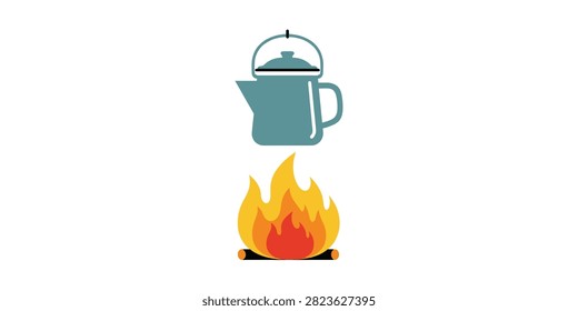 A flat vector illustration of a blue camping kettle heating over a bright orange and yellow campfire on a white background.