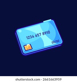 Eine flache Vektorgrafik einer blauen Kreditkarte im Cartoon-Stil mit einem Chip, einer Zahl und einer glänzenden Oberfläche. Perfekt für Finanz-Apps, Fintech UI, Digital Banking und zahlungsbezogene Designs.