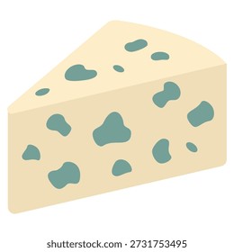 Flat vector illustration of a blue cheese wedge with simple organic holes. Clean geometric shape and solid colors in minimal style. Suitable for food design, menus, packaging, web graphics, icons, infographics and branding