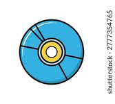 A flat vector illustration of a blue compact disc or DVD with a yellow central ring on a white background