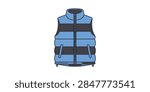 A flat vector illustration of a blue and dark grey striped puffer vest with a central zipper, isolated on a white background.