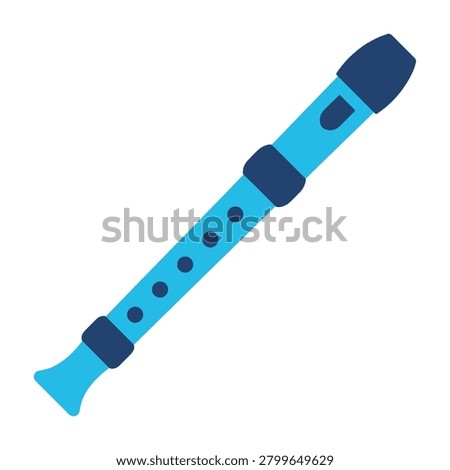 A flat vector illustration of a blue and dark blue plastic recorder flute musical instrument isolated on a white background.