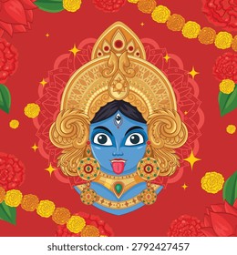 Flat vector illustration of a blue deity wearing ornate gold jewelry against red floral background.