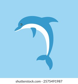 Flat vector illustration of a blue dolphin on a light blue background.