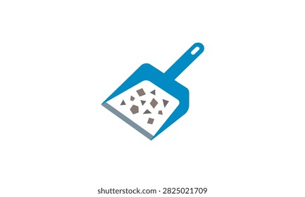 Flat vector illustration of a blue dustpan filled with dirt and debris, isolated on a white background.