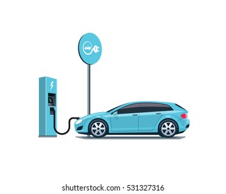 Flat vector illustration of a blue electric car charging at the charger station with road sign. Electromobility eco e-motion concept. Isolated electric car refueling on white background.