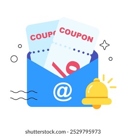 Ilustración vectorial plana de sobre azul con notificación promocional por correo electrónico y Cupón de descuento en el interior