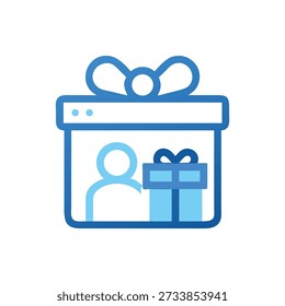 Flat vector illustration of a blue gift box with stick figure. Isolated on White Background in clean modern style.