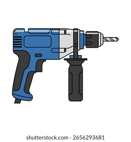 Una Ilustración vectorial plana de un taladro de martillo eléctrico azul y gris, con una empuñadura de pistola, un mango auxiliar y una broca para trabajos de construcción y renovación.