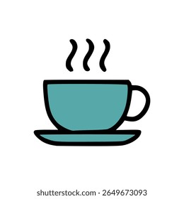 Ilustração de vetor plano de uma taça de café quente azul com vapor e prato correspondente no fundo branco
