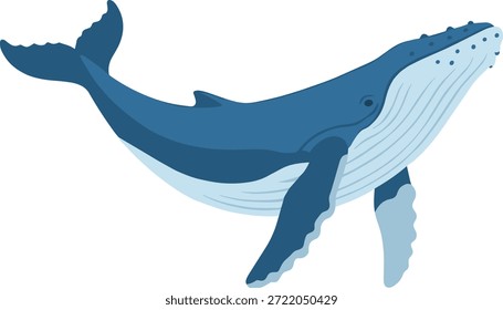Flache Vektorgrafik eines blauen Buckelwals in Bewegung, die seine charakteristischen Flossen und Schwanz zeigt.