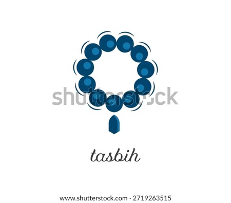 A flat vector illustration of blue Islamic tasbih prayer beads arranged in a circular shape, featuring a central guru bead. Ideal for religious, cultural, and spiritual themes.