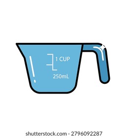 A flat vector illustration of a blue kitchen measuring cup with volume markings for one cup and 250 milliliters isolated on white background.