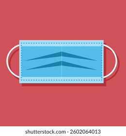 A flat vector illustration of a blue medical face mask, featuring ear loops and pleated design, placed against a red background with a long shadow effect