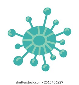 Flat vector illustration of a blue microbe, virus, bacterium highlighted on a white background. Virus is depicted as an illustration with a round body with spikes and circles. Isolated on a white