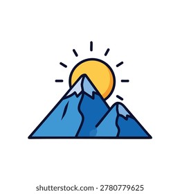 A flat vector illustration of blue mountain peaks covered in snow with a large yellow sun rising behind them in a simple graphic design style
