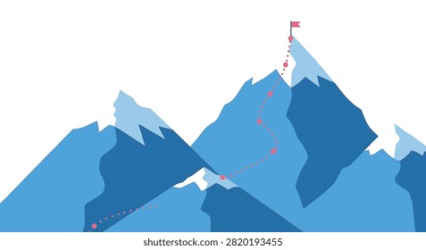 Flat vector illustration of a blue mountain range with a dotted red path winding to a red flag at the highest peak, depicting achievement and progress on white background.