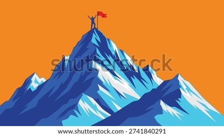 A flat vector illustration of a blue mountain range against an orange background. A silhouette of a person stands at the highest peak holding a red flag, symbolizing achievement, leadership, and reaching business goals.