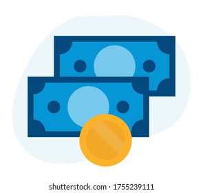 Flache Vektorgrafik von blauem Papiergeld mit gelber Münze, Einkommensinvestitionssymbol.