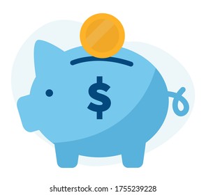 Ilustración vectorial plana del banco de la cerda azul con una moneda amarilla insertada, caja de dinero, imagen aislada de la inversión en ingresos.