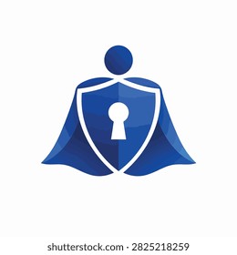 Flat vector illustration of a blue shield with keyhole and cape