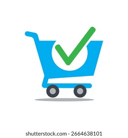 Flat vector illustration of a blue shopping cart with a large green check mark, symbolizing completed purchase or successful online order, isolated on a white background.