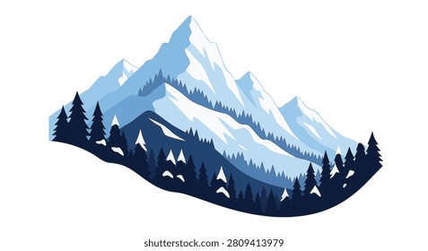 Flat vector illustration of blue snow-capped mountain peaks with dark evergreen pine trees in foreground. Stylized winter alpine landscape isolated on white background graphic art.