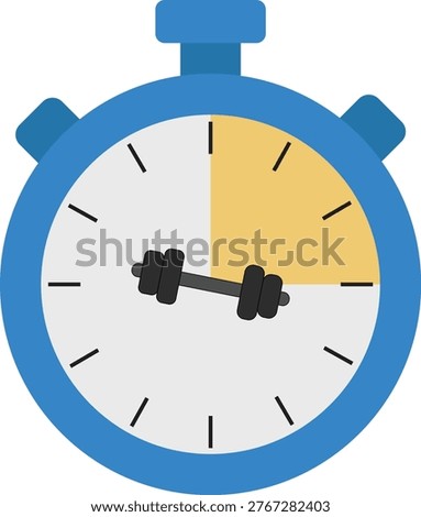 Flat vector illustration of a blue stopwatch with a dumbbell icon and a yellow highlighted 15-minute interval. Ideal for fitness apps, workout timing, gym schedules, and sports training concepts.