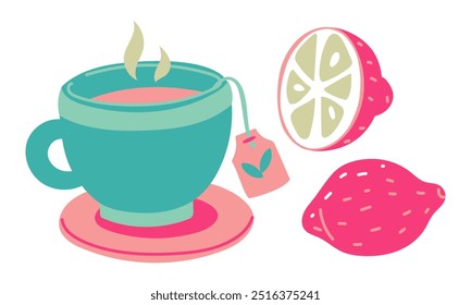 Flat vector illustration of blue tea cup with a tea bag with pink lemon whole and half. Blue, pink, yellow. mug with hot and citrus fruits, a tea bag. Mug, plate, tea, lemon. Collection for colds