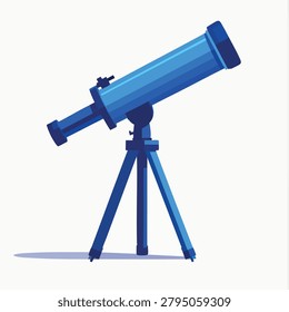 A flat vector illustration of a blue telescope mounted on a tripod used for stargazing and astronomical exploration isolated on a white background