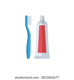 Flat vector illustration of a blue toothbrush and a tube of toothpaste for daily dental oral care