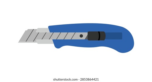 A flat vector illustration of a blue utility knife with a retractable metal blade isolated on a white background.