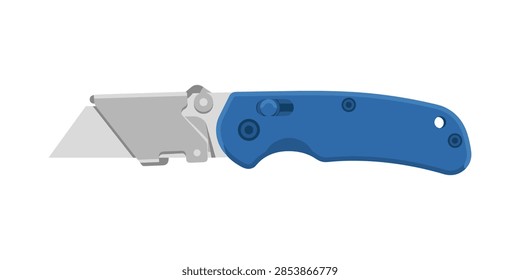A flat vector illustration of a blue utility knife with a sharp metal blade isolated on a white background.