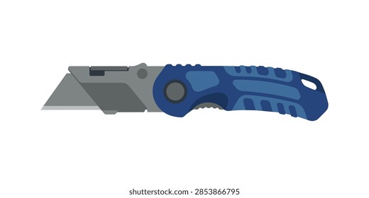 A flat vector illustration of a blue utility knife with a sharp metal blade isolated on a white background.