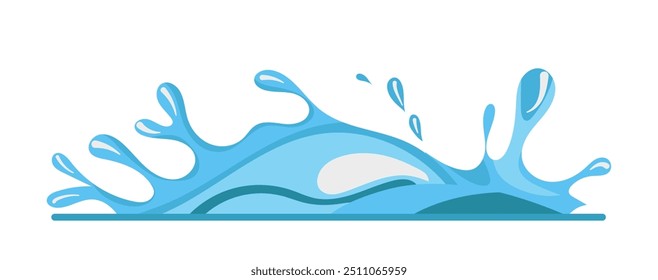 Ilustración vectorial plana de un chapoteo de agua azul con las olas El chapoteo y las olas se representan en un estilo de diseño limpio y simple que muestra los movimientos dinámicos de las gotas de agua