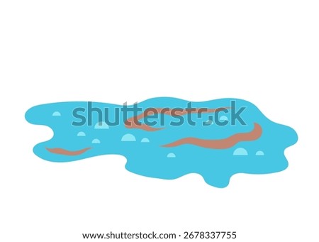 Flat vector illustration of a blue water puddle with brown mud stains and reflections. Simple minimal design for nature, weather, or environmental projects.