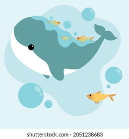 Flat vector illustration of blue whale. Blue whale icons. Decorative cute illustration for children. Graphic design elements for print and web.