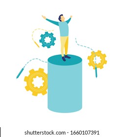 Flat vector illustration in blue and yellow. A man is standing with freedom in front of him. Illustration of man standing on a blue tube.