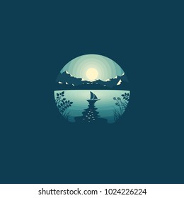 Flat vector illustration of boat on lake. Design of nature landscape with sea and mountains