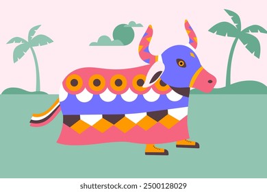 Flat vector illustration of "Boi Bumbá," a traditional Brazilian folklore ox with palm trees in the background.