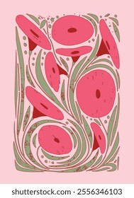 Flat vector illustration. Bold pink flowers, green leaves, soft pink background. Abstract and decorative botanical style. Suitable for posters, cards, textile prints, and creative crafts.